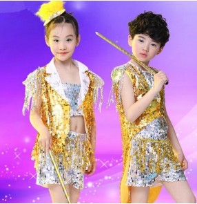 Silver gold sequined feather boys girs kids children modern stage performance jazz dance hip hop dance outfits costumes